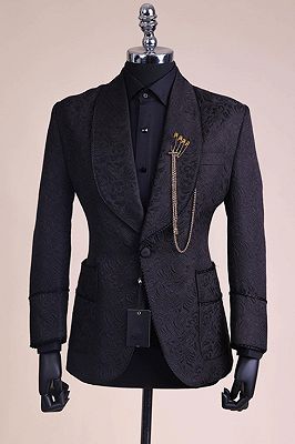 Chic Black Jacquard Shawl Lapel Best Fitted Wedding Groom Suits with Belt