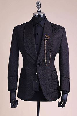 Chic Black Jacquard Shawl Lapel Best Fitted Wedding Groom Suits with Belt_2