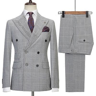 Fashion Dark Gray Double Breasted Plaid Close Fitting Men Suits