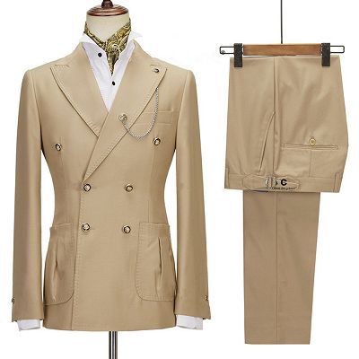 Simple Champagne Peaked Lapel Double Breasted Chic Men Suits_2
