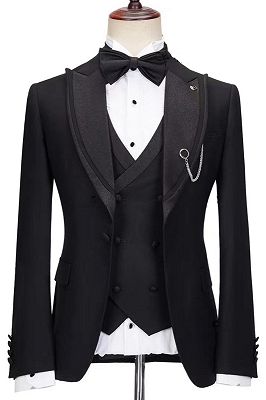 Jerome Chic Black Peaked Lapel Three Pieces Prom Suits_1