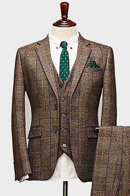 Dempsey Classical Coffee Plaid Notched Lapel Three Pieces Business Suits