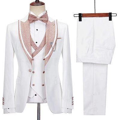 Jeremy Charming White Peaked Lapel Three Pieces Prom Suits_2