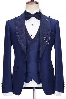 Jesse Fashion Dark Blue Peakd Lapel Three Pieces Prom Suits