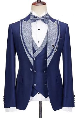 Jerry Fancy Dark Blue Peaked Lapel Three Pieces Prom Suits_1