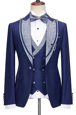Jerry Fancy Dark Blue Peaked Lapel Three Pieces Prom Suits