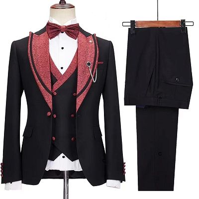 Jensen Bespoke Black Peaked Lapel Three Pieces Prom Suits