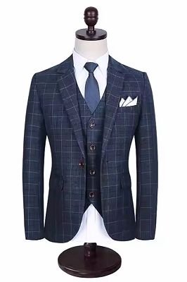 Dennis Gentle Navy Notched Lapel Three Pieces Plaid Business Suits_1