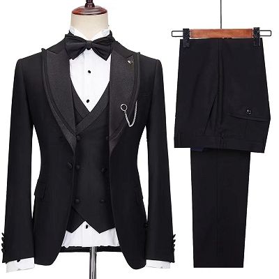 Jerome Chic Black Peaked Lapel Three Pieces Prom Suits_2