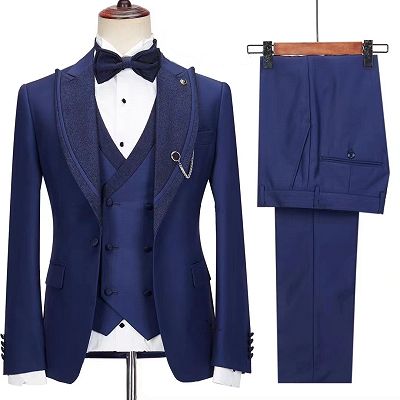 Jesse Fashion Dark Blue Peakd Lapel Three Pieces Prom Suits