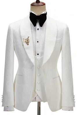 Jim Gentle White Jacquard Shawl Lapel Three Pieces Wedding Suits
