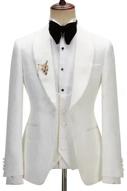 Jim Gentle White Jacquard Shawl Lapel Three Pieces Wedding Suits