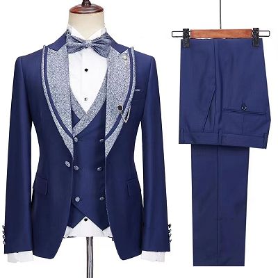 Jerry Fancy Dark Blue Peaked Lapel Three Pieces Prom Suits