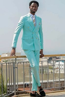 Kemp New Arrival Teal Peaked Lapel Double Breasted Prom Suits_1