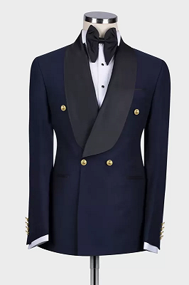 Leo New Arrival Dark Navy Shawl Lapel Double Breasted Wedding Suits_1
