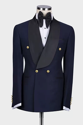 Leo New Arrival Dark Navy Shawl Lapel Double Breasted Wedding Suits