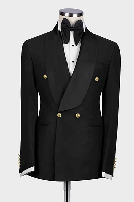 Len Modern Black Shawl Lapel Double Breasted Wedding Suits