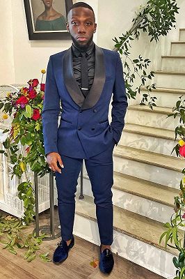 Kent Simple Dark Navy Shawl Lapel Double Breasted Prom Suits