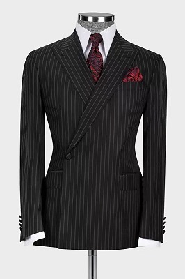 Levi Formal Black Striped Peaked Lapel Business Suits_1