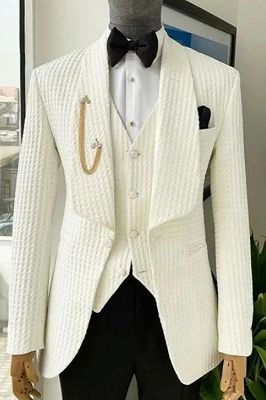 York Stylish White Plaid Shawl Lapel Three Pieces Wedding Suits_1