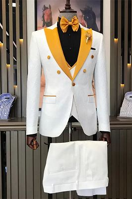 Lewis Charming White Three Pieces Prom Suits White Gold Peaked Lapel