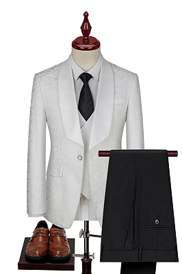 Louis Gentle White Shawl Lapel Three Pieces Jacquard Prom Suits_1