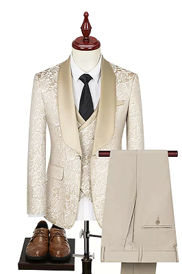 Logan Decent Champagne Shawl Lapel Three Pieces Jacquard Prom Suits