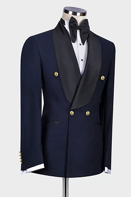 Leo New Arrival Dark Navy Shawl Lapel Double Breasted Wedding Suits_2