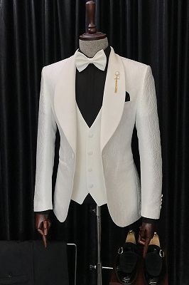Andrew Shawl Lapel Three Pieces White Jacquard Men's Wedding Suit for Groom_1