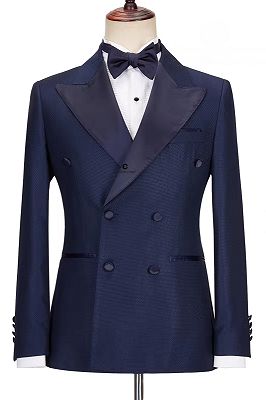 Mandel Decent Dark Navy Peaked Lapel Double Breasted Prom Suits