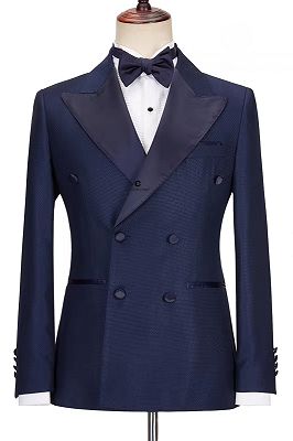Mandel Decent Dark Navy Peaked Lapel Double Breasted Prom Suits_1