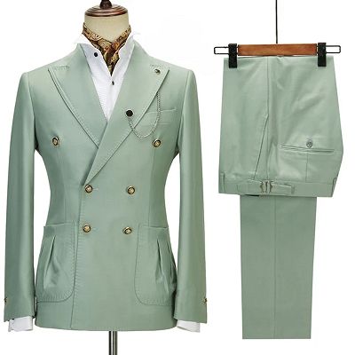 Matthew Charming Sage Peaked Lapel Double Breasted Prom Suits_2