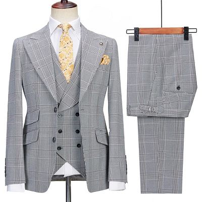 Matt Classical Black Peaked Lapel Three Pieces Plaid Business Suits