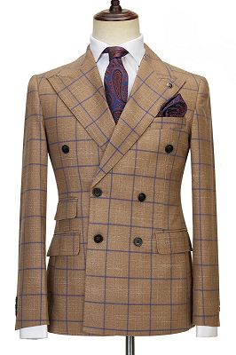Mark Fancy Coffee Plaid Peaked Lapel Double Breasted Business Suits_1