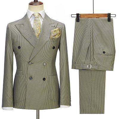 Marsh New Arrival Sage Plaid Peaked Lapel Double Breasted Prom Suits