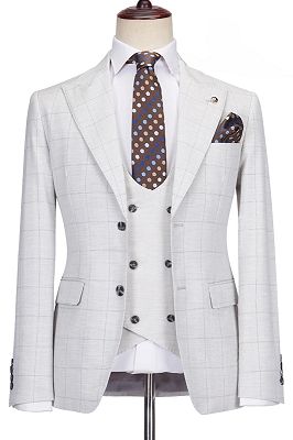 Martin Simple Light Gray Peaked Lapel Three Pieces Plaid Prom Suits