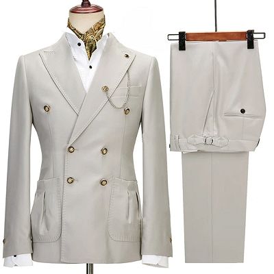 Maurice Fancy Light Gray Peaked Lapel Double Breasted Prom Suits_2
