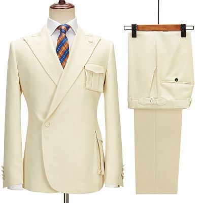 Marcus Generous Champagne Peaked Lapel Simple Prom Suits_2