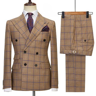 Mark Fancy Coffee Plaid Peaked Lapel Double Breasted Business Suits_2
