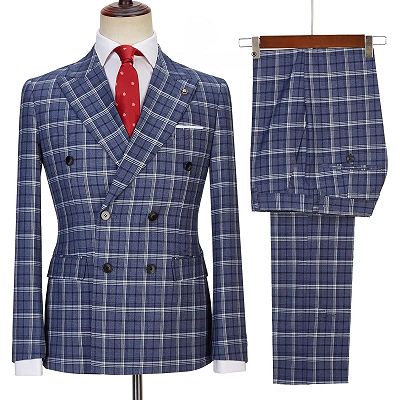 Marico Newest Navy Peaked Lapel Double Breasted Plaid Business Suits