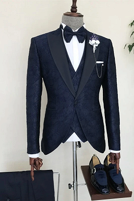 Ambrose Three Pieces Dark Navy Jacquard Peaked Lapel Men's Suit for Party_1
