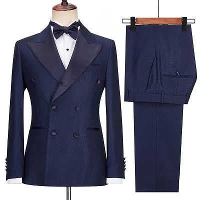 Mandel Decent Dark Navy Peaked Lapel Double Breasted Prom Suits_2