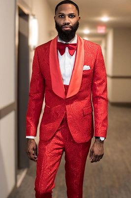 Michae Stylish Red Jacquard Shawl Lapel Three Pieces Wedding Suits