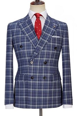Marico Newest Navy Peaked Lapel Double Breasted Plaid Business Suits_1