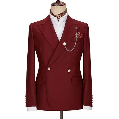 Lynn Charming Burgundy Peaked Lapel Double Breasted Prom Suits_4
