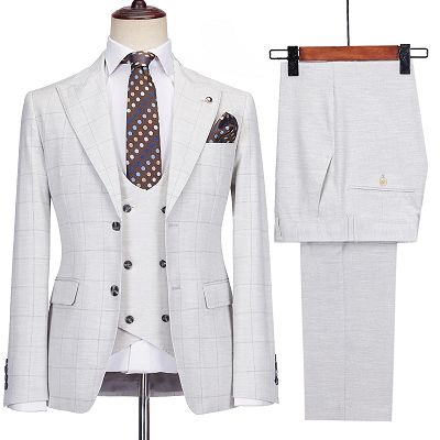 Martin Simple Light Gray Peaked Lapel Three Pieces Plaid Prom Suits_2