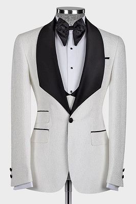 Andy Black Satin Lapel Three Pieces White Jacquard Men's Wedding Suit for Groom_1