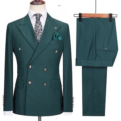 Mann Elegant Dark Green Peaked Lapel Double Breasted Prom Suits_2