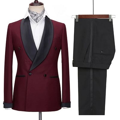 Maxwell Gentle Burgundy Shawl Lapel Double Breasted Wedding Suits_2