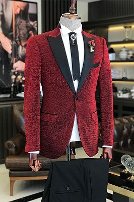 Amos Black Satin Peaked Lapel Sparkling Red Fashion Men's Ball Suit_1